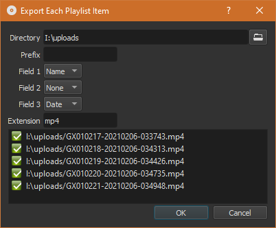 Export Each Playlist Item dialog
